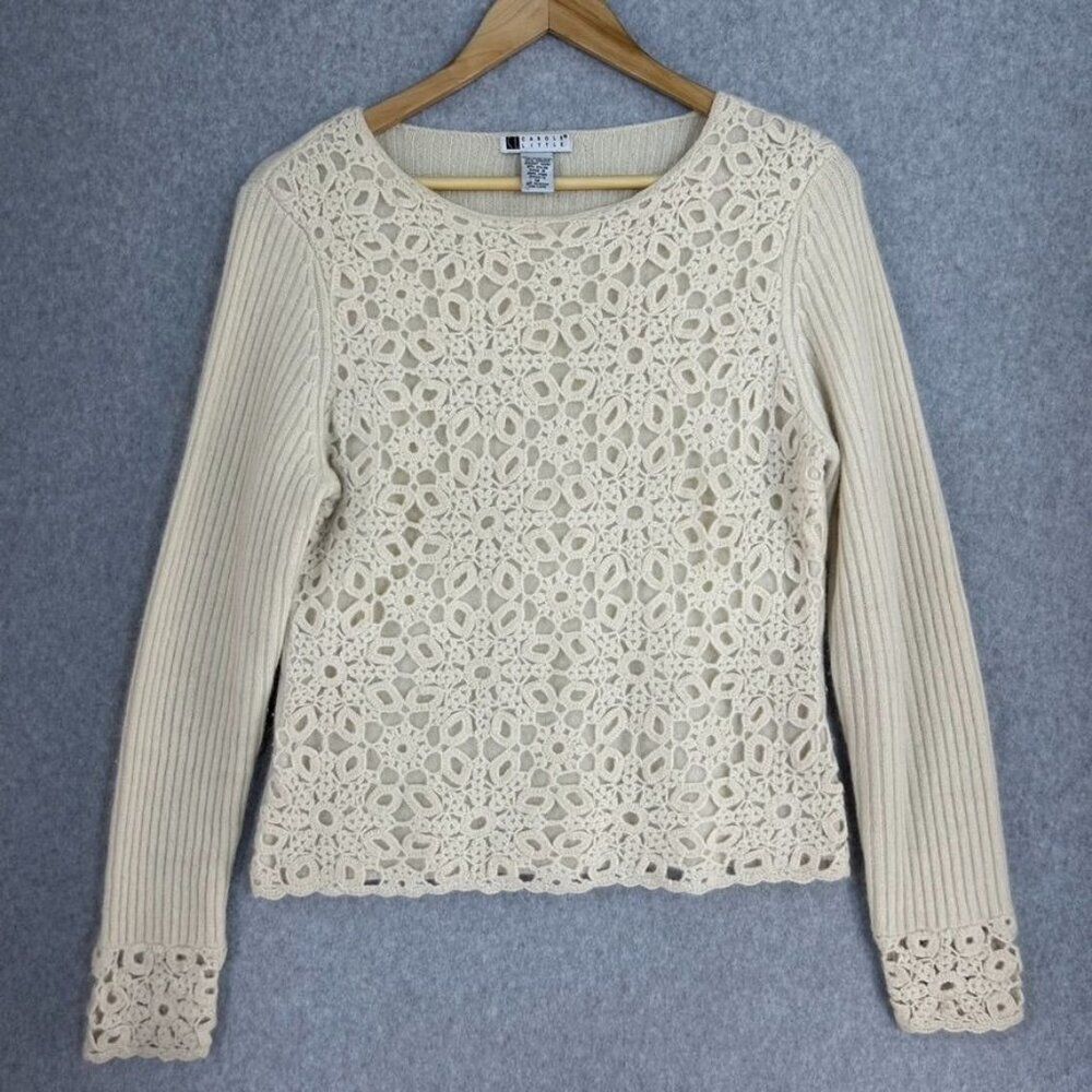 Carole Little Cream Knit Crochet‎ Lace Sweater Size Medium Wool Angora Blend